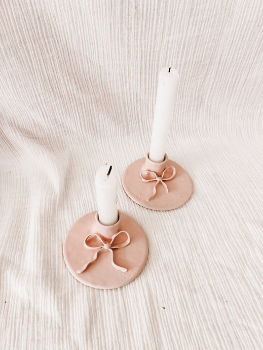 Pink bow candlestick holder